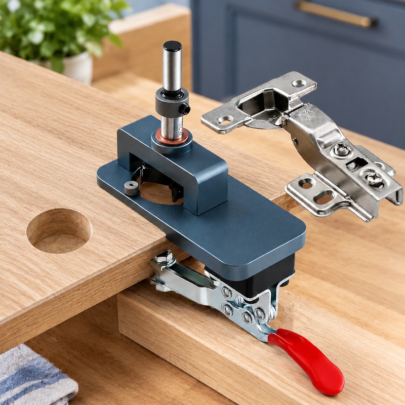 Cabinet Hinges - 35mmのキャビネットや家具の蝶番を取り付けるための、強化ドリルスリーブ付きの精密エッジ固定治具。
