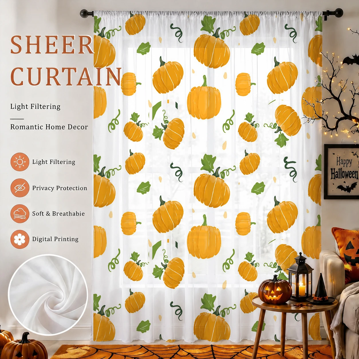 Curtain Rods - ハロウィン用シアーカーテン ロッドポケット付き ハロウィンギフト プライバシー保護 光を遮るボイルウィンドードレープ リビング