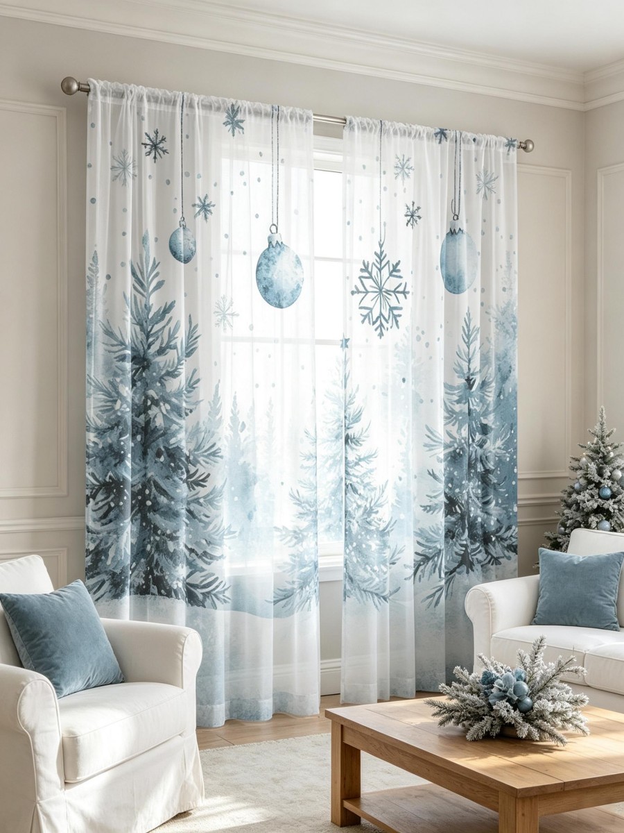 クリスマス柄のシアーカーテン2枚セット。青い雪の結晶の水彩画 - Curtain Rods のレビューと価格